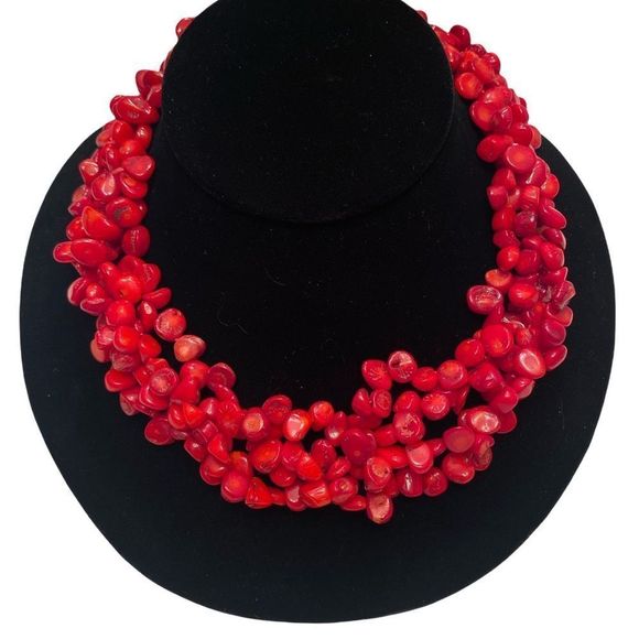 Vintage Sterling 925 4 Strand Red Coral Necklace - Picture 2 of 11